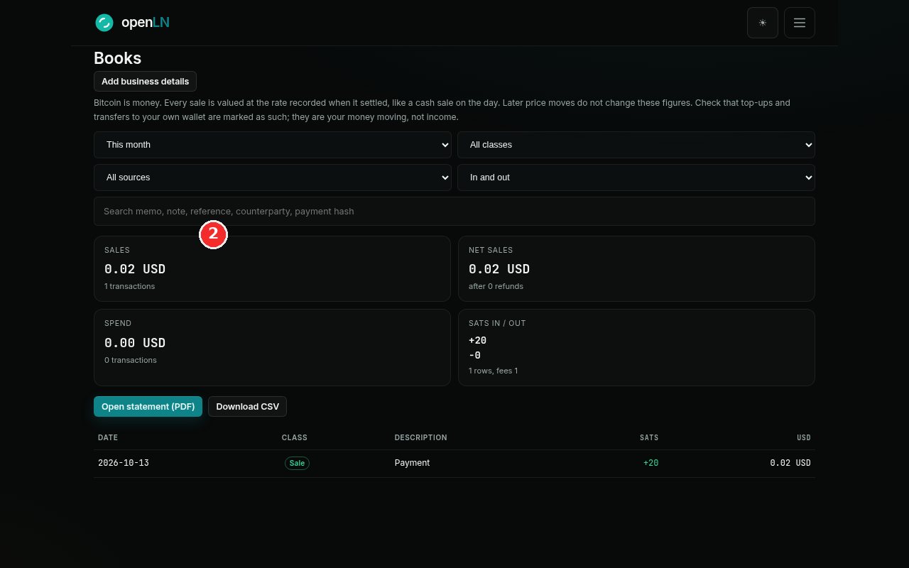 Books summary, transaction rows and the statement and CSV buttons highlighted