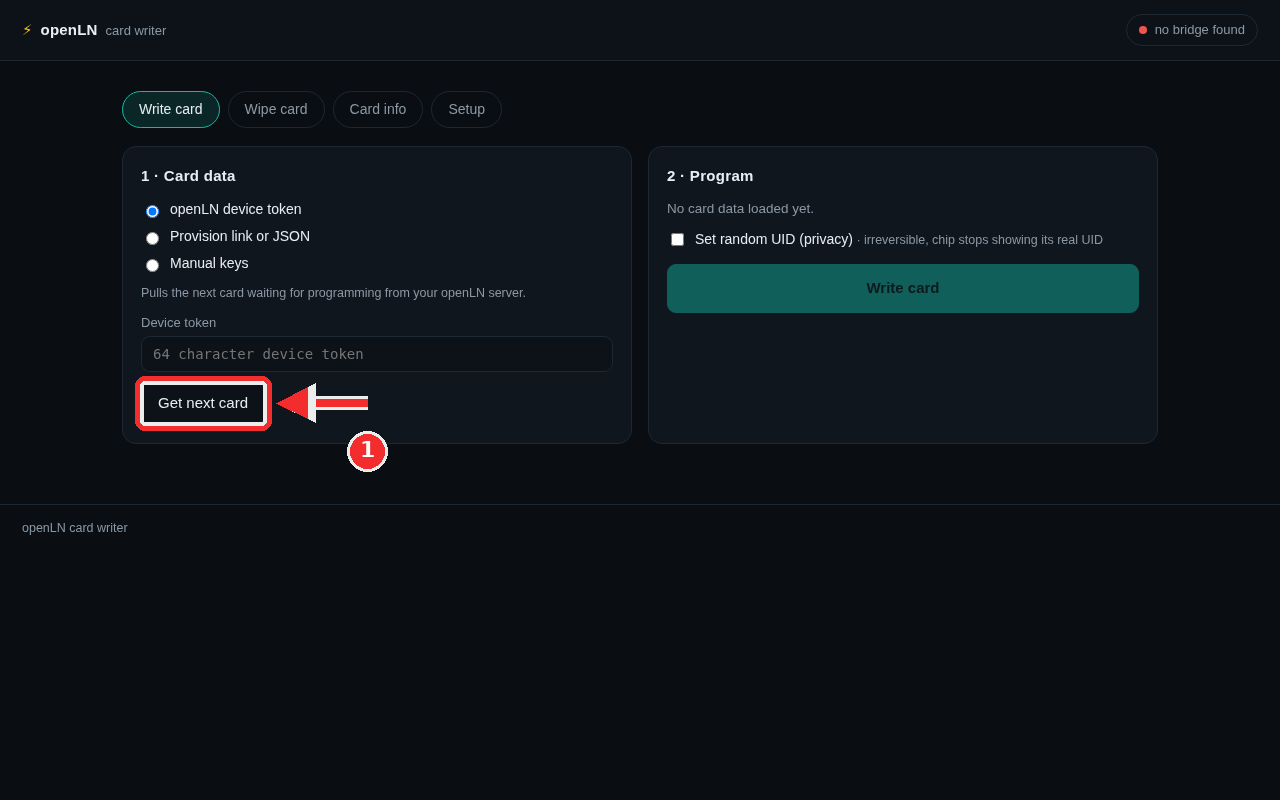 Write card tab with the openLN device token source selected and the Get next card button marked in red