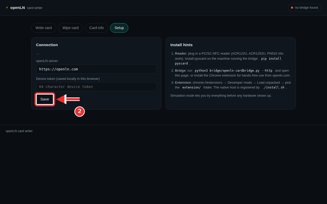 Setup tab with the Connection block, server and token fields, and the Save button marked in red