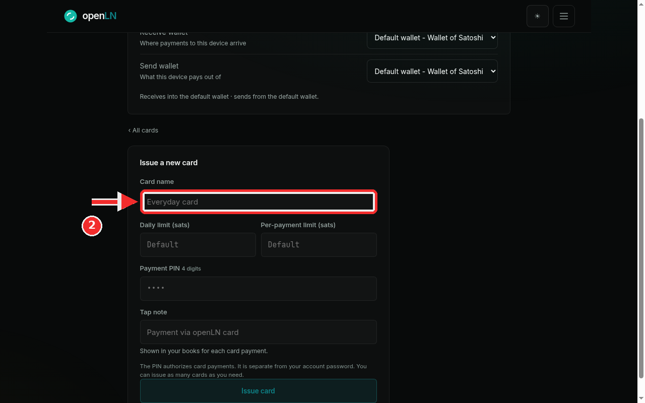 Issue a new card form with the Card name field marked in red