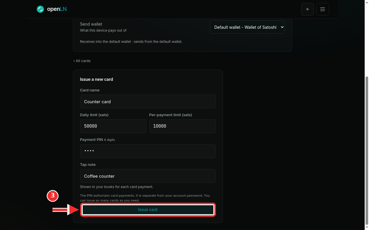 Filled issue form with the Issue card button marked in red