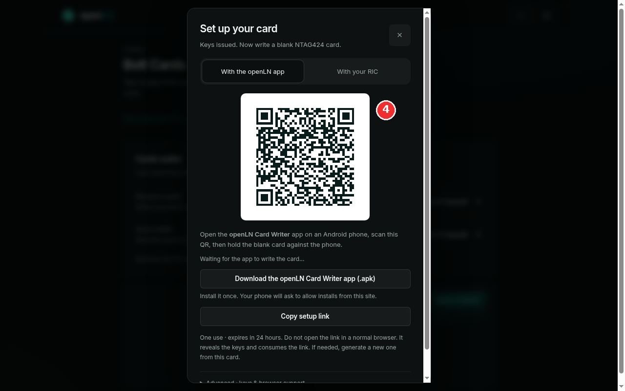 Set up your card dialog with the setup QR marked in red