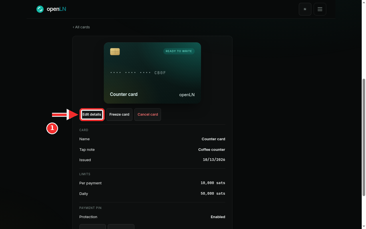 Card detail page with the Edit details button marked in red