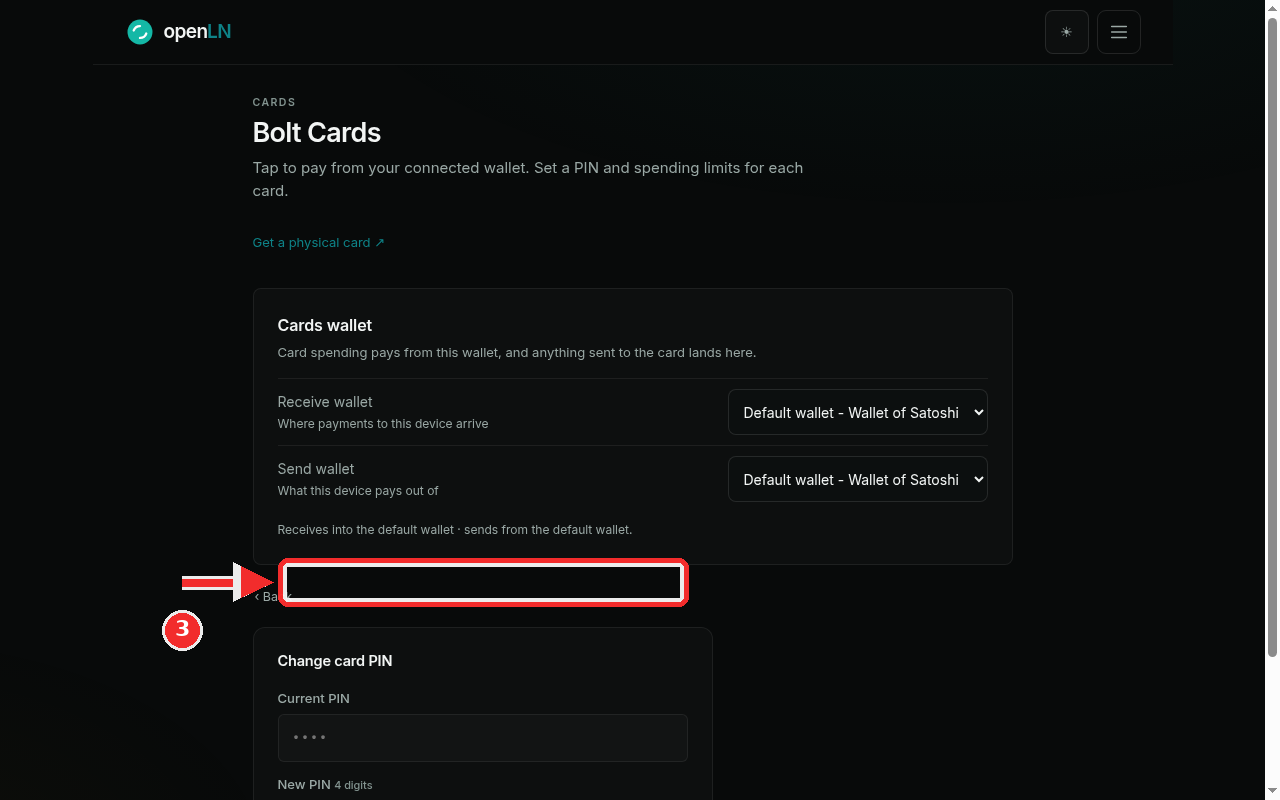 Change card PIN panel with the Current PIN field, marked in red