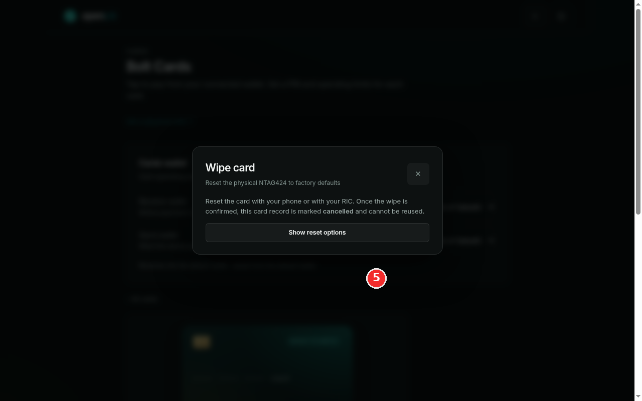 Wipe card dialog explaining the factory reset and the cancellation warning