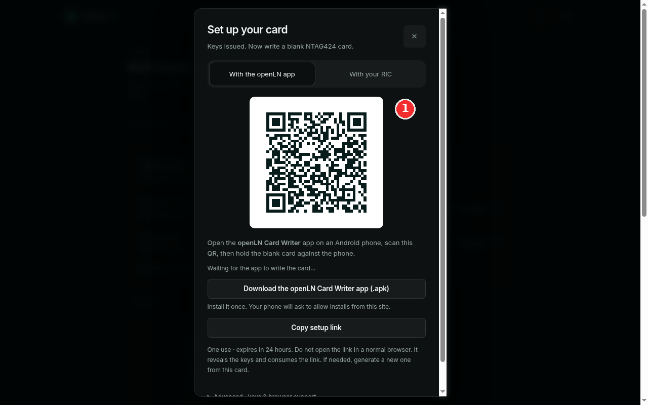 Set up your card dialog on the With the openLN app tab, setup QR marked in red