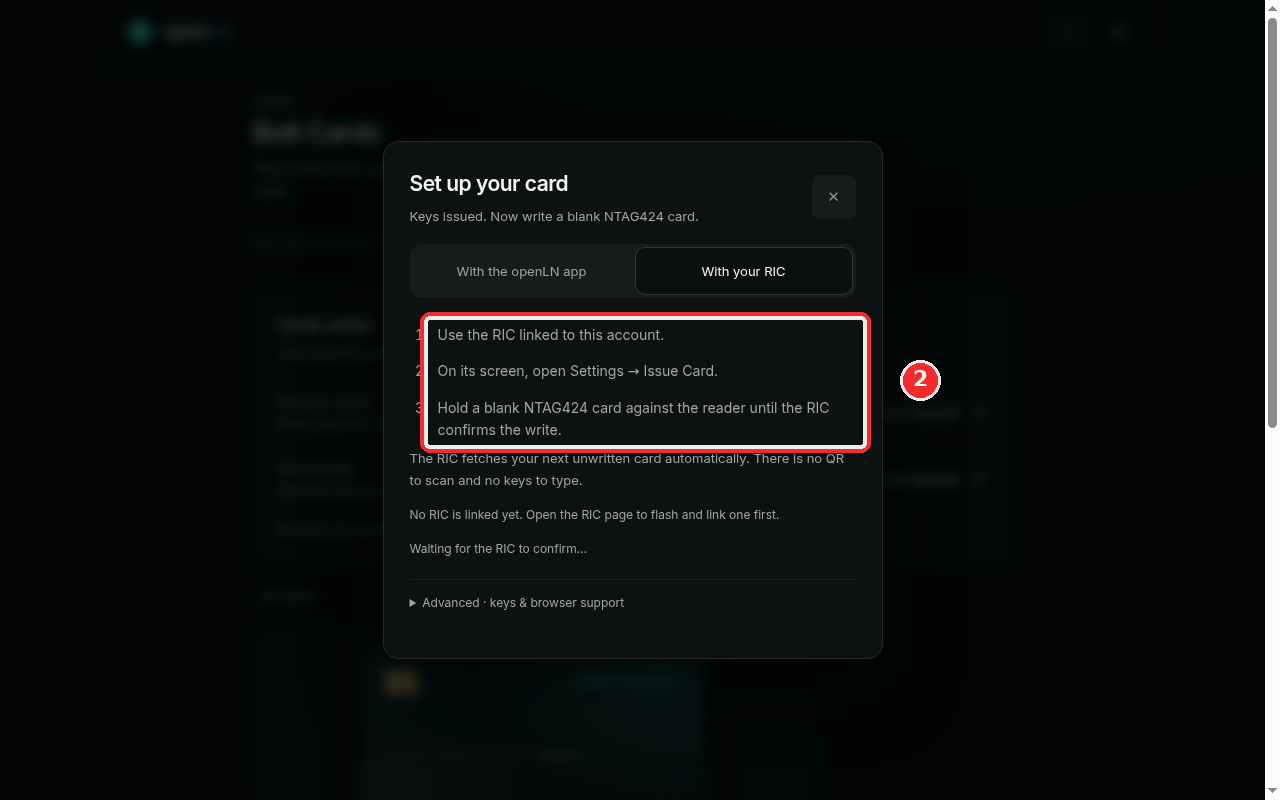 Set up your card dialog on the With your RIC tab marked in red