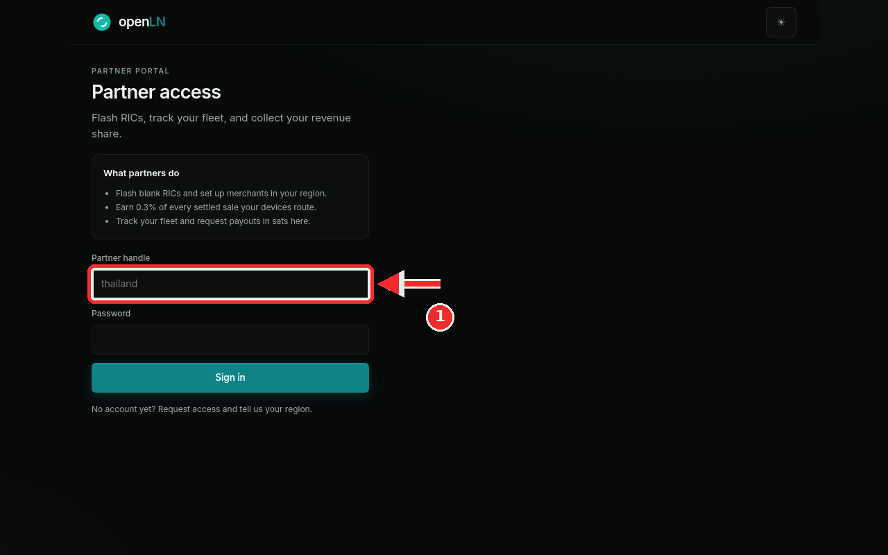 Partner portal sign in with the Partner handle field marked with a red box