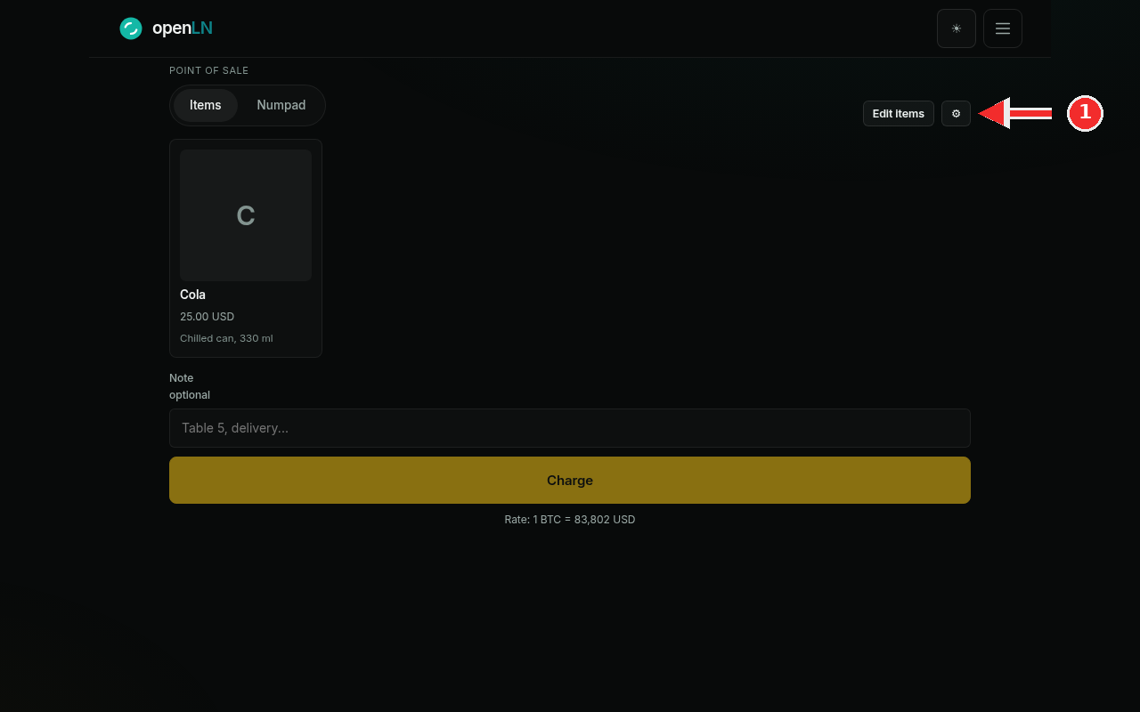POS view with the settings gear at the top right, next to Edit Items, marked with a red arrow