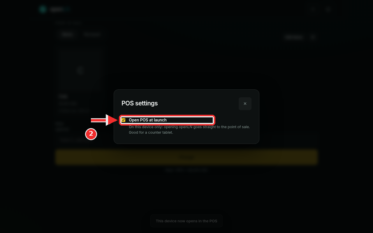 POS settings dialog with the Open POS at launch switch turned on and boxed in red
