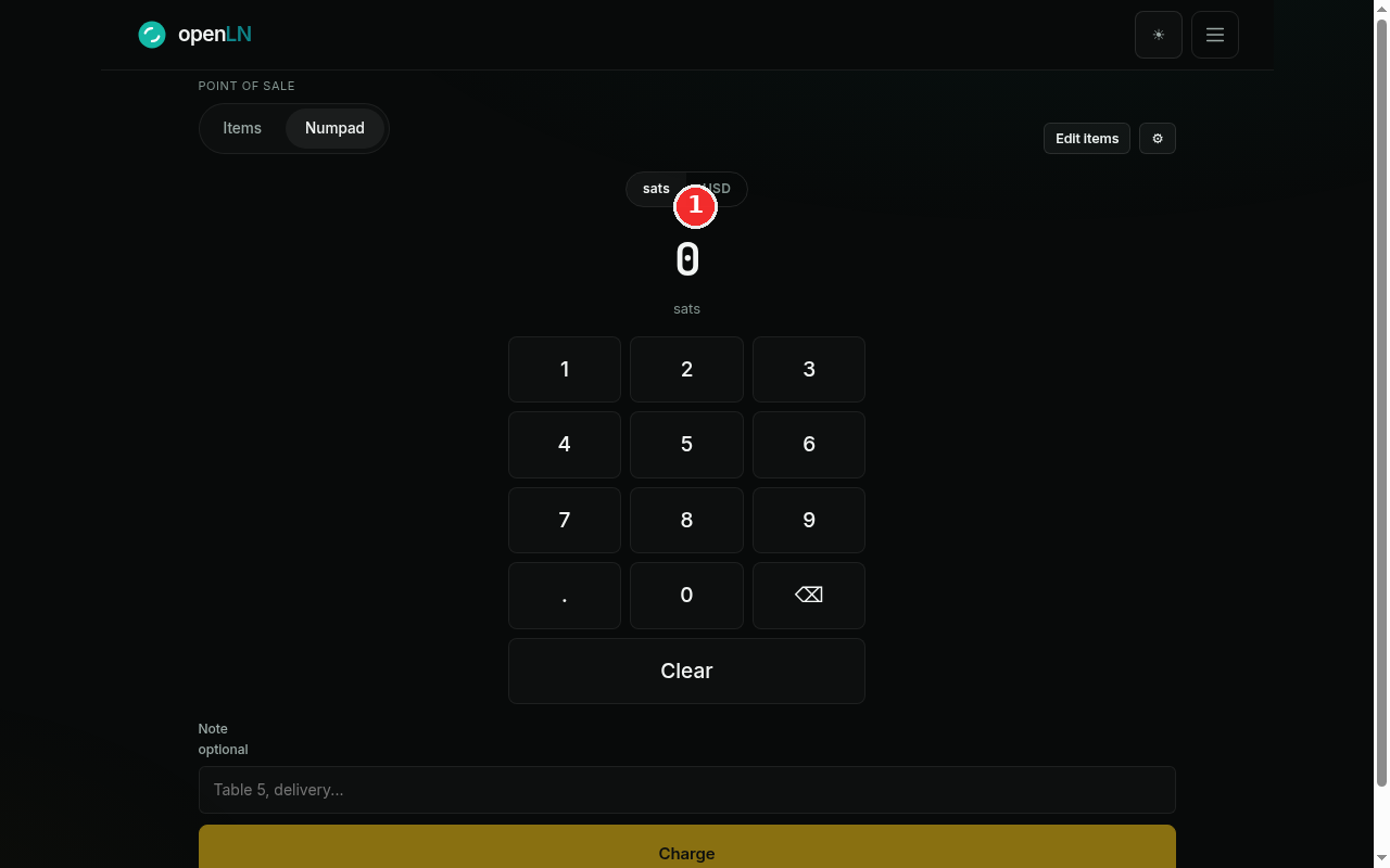 POS page on the Numpad tab with the amount display and the sats / USD toggle highlighted