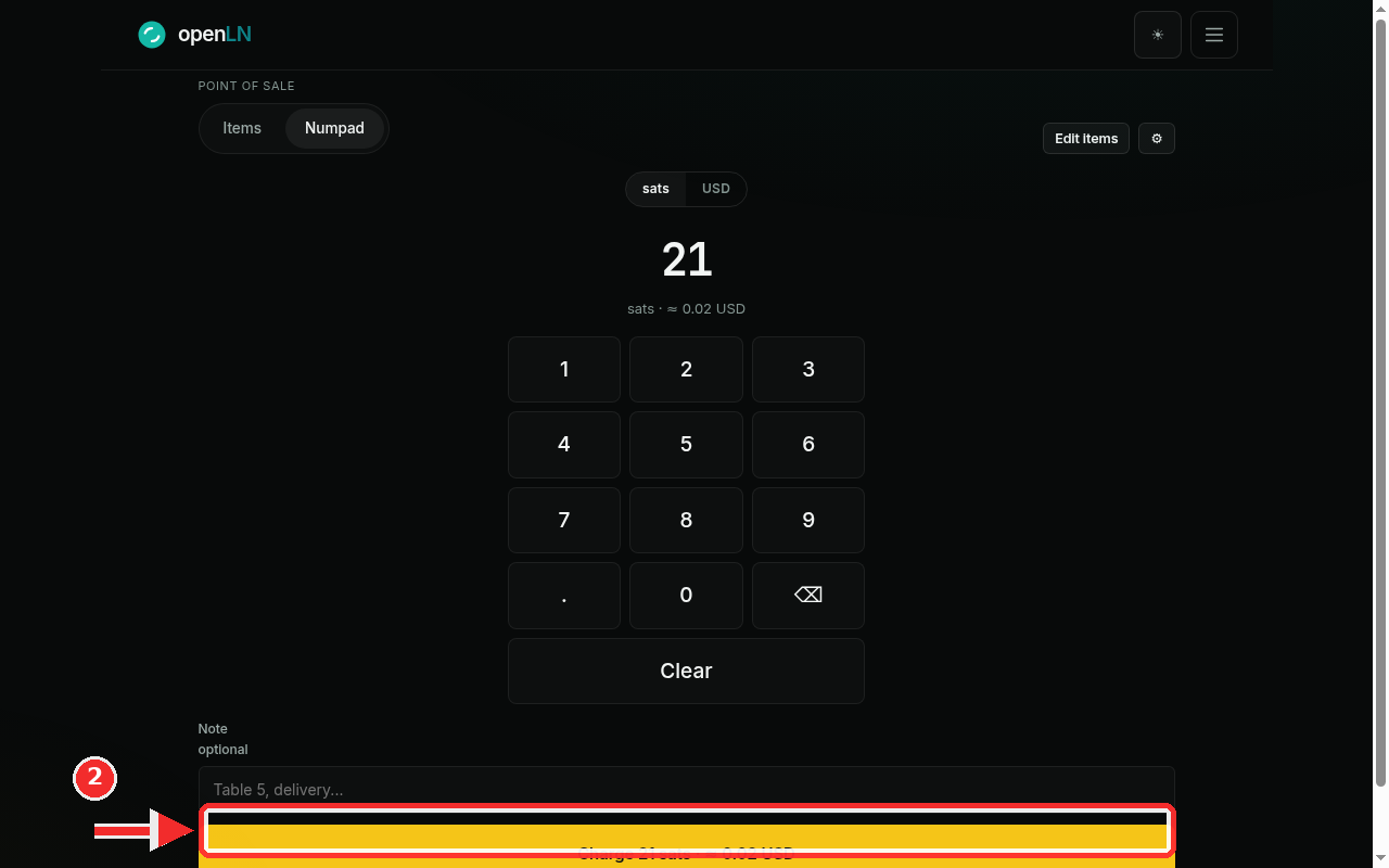 21 sats typed on the keypad with the conversion line and the Charge button highlighted