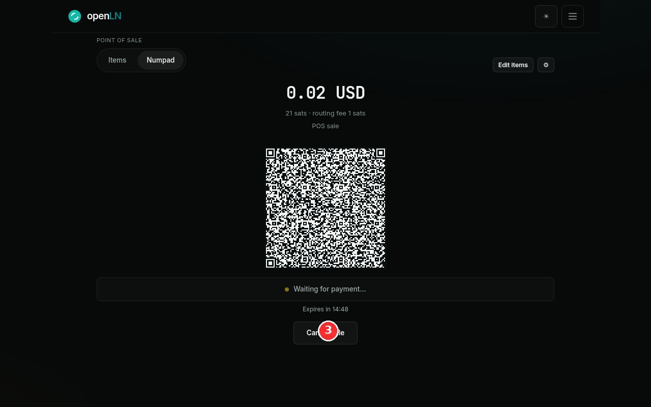 Payment screen with the QR code, the Waiting for payment status, the countdown and the Cancel sale button