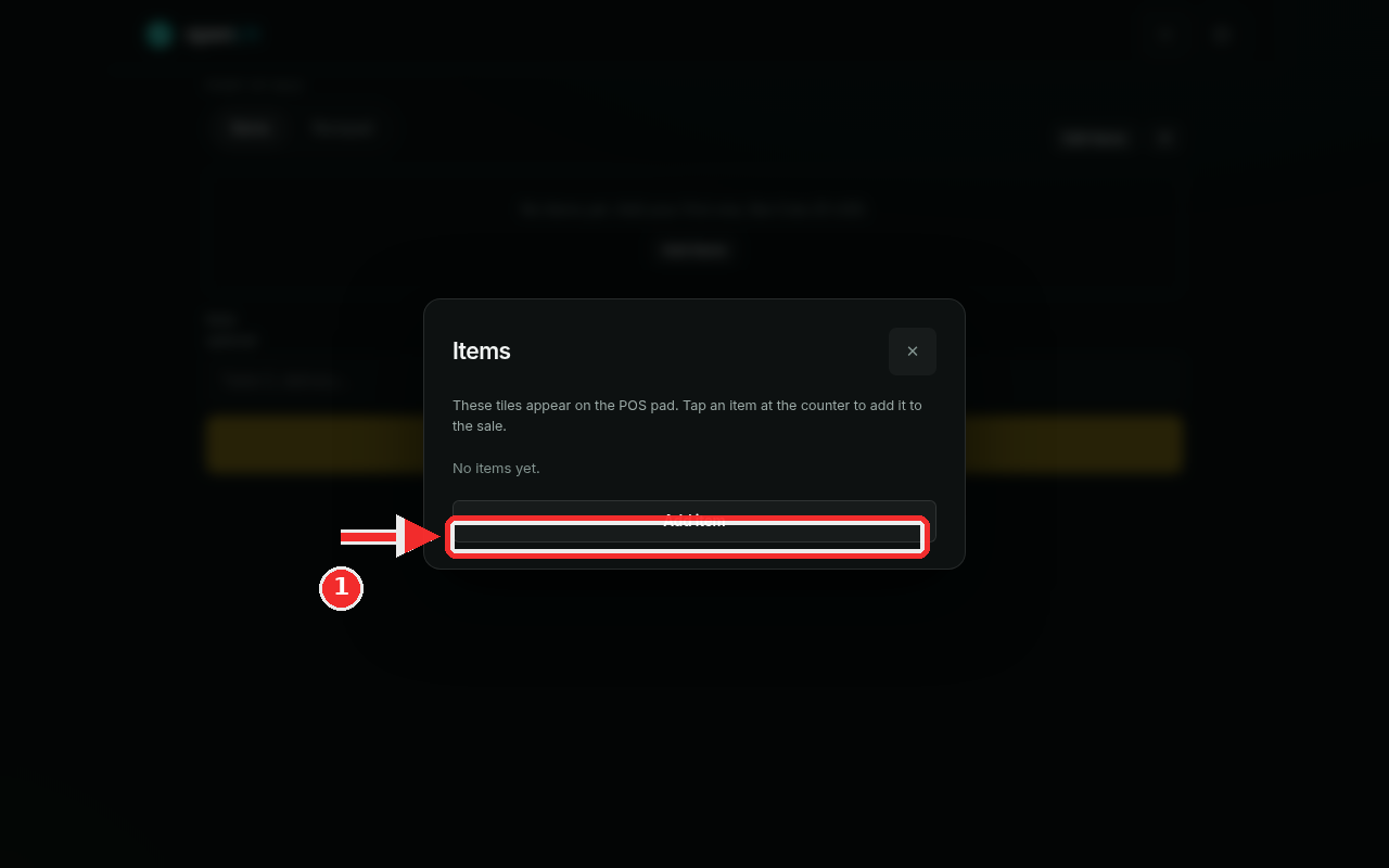 Items dialog with the helper text, an empty list and the Add item button highlighted