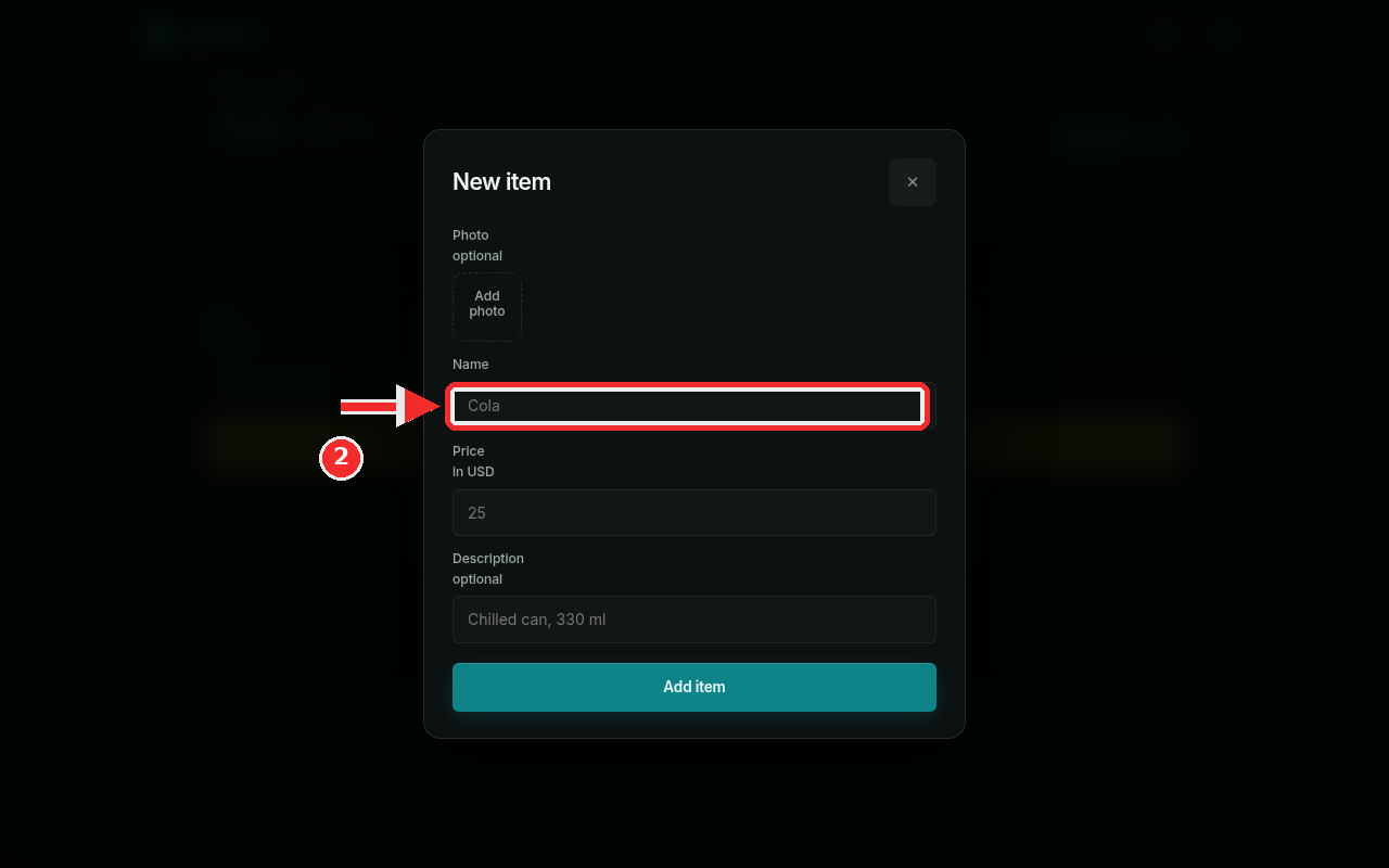 New item form with Photo, Name, Price and Description fields, the Name field highlighted