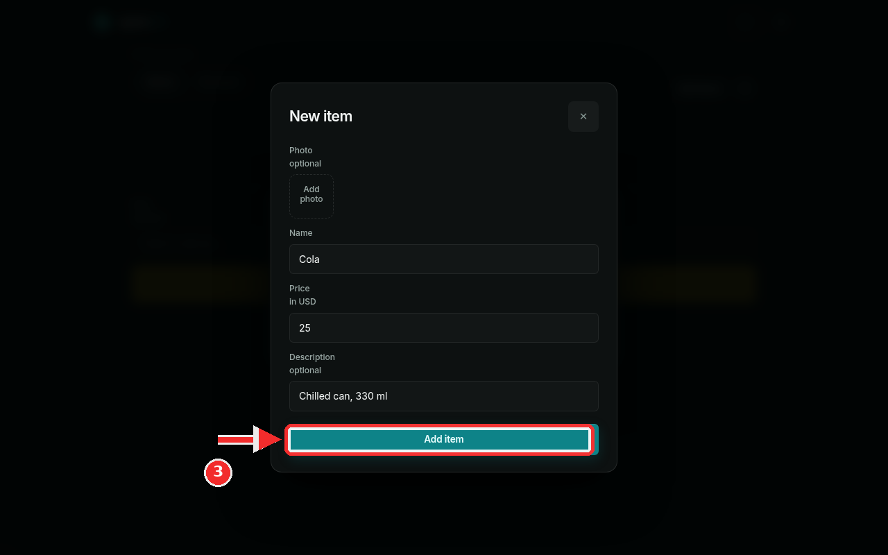 The filled New item form with Cola, 25 and a description, and the Add item button highlighted