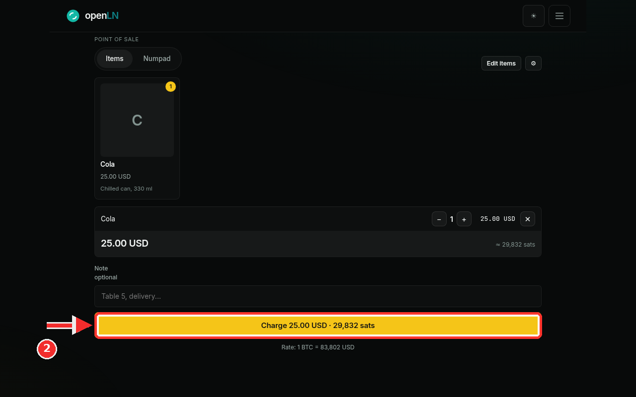 Cart with quantity stepper, total in USD and sats, Note field, and the Charge button highlighted