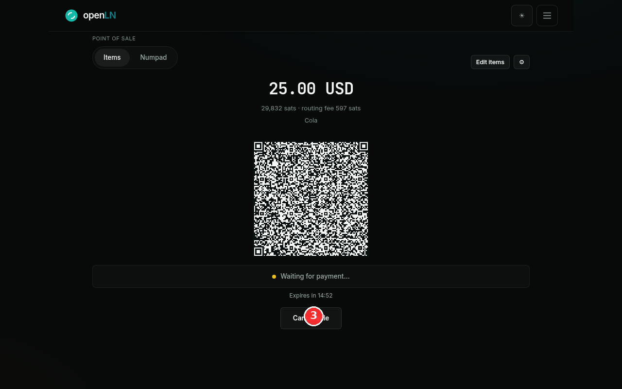 Payment screen with QR code, Waiting for payment status, expiry countdown, and Cancel sale highlighted