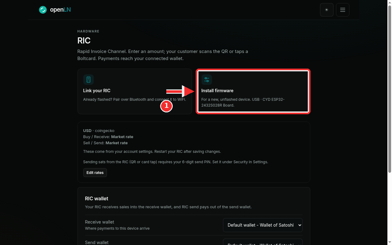 RIC page with the two tiles: Install firmware marked with a red 1, Link your RIC beside it