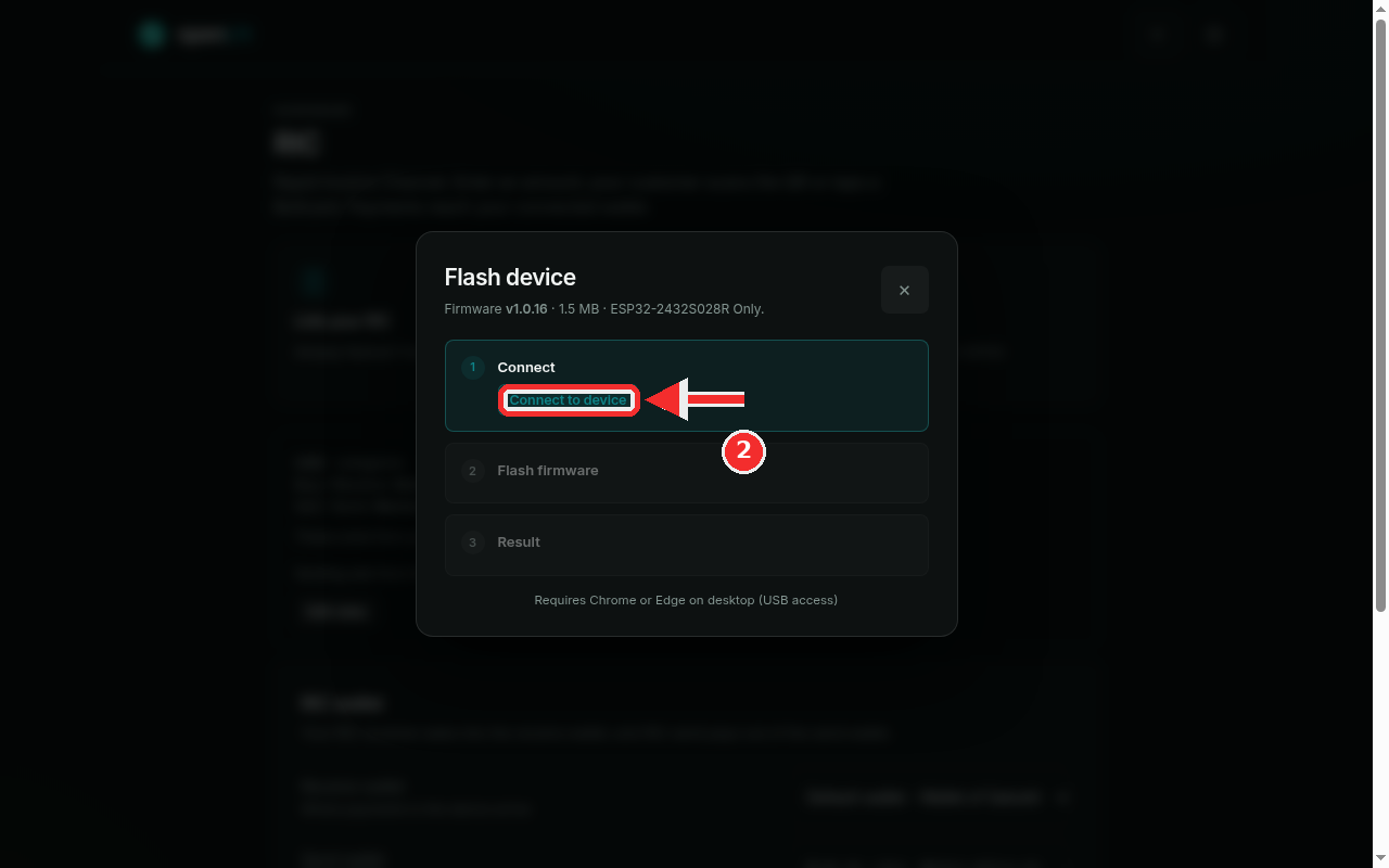 Flash device dialog: firmware v1.0.16, 1.5 MB, steps Connect, Flash firmware, Result, with Connect to device marked with a red 2