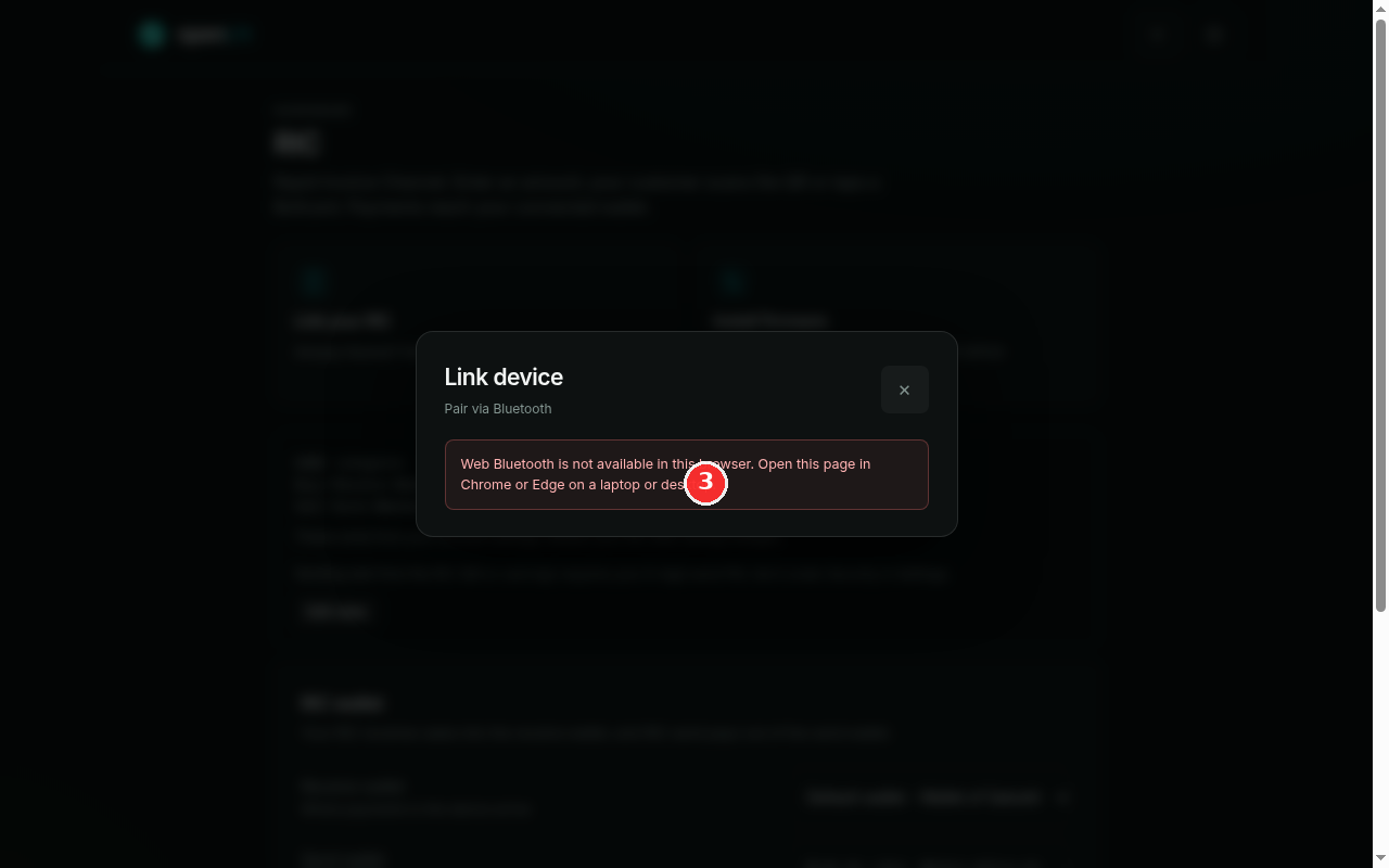Link device dialog showing the Web Bluetooth note, marked with a red 3