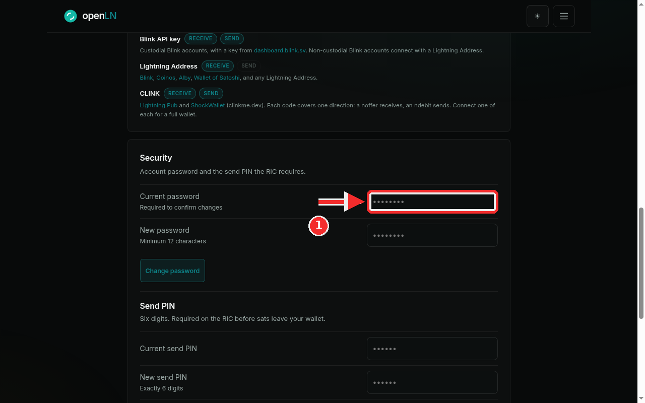 Security card with the red mark on the Current password field