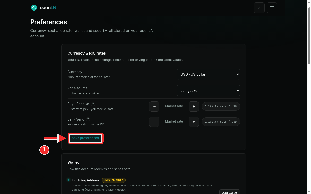 The Currency and RIC rates card on Preferences, both rows at Market rate, with the Save preferences button highlighted