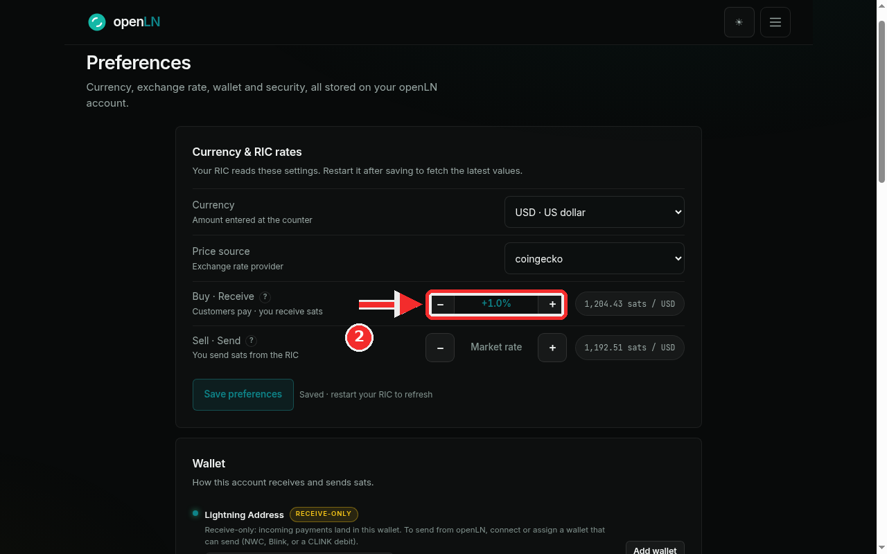 The saved card with a +1.0 percent modifier on the Buy and Receive row and the Saved status next to Save preferences