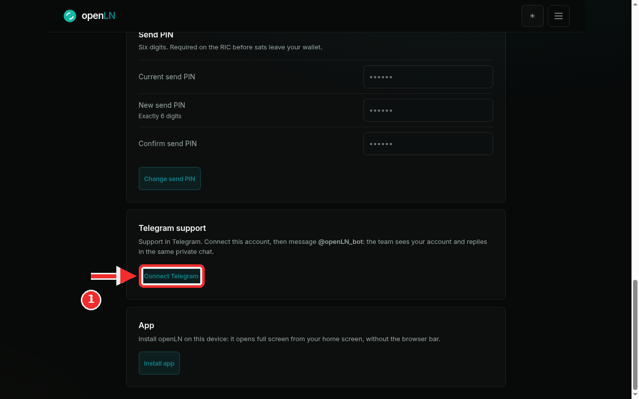 Telegram support card with the red mark on the Connect Telegram button