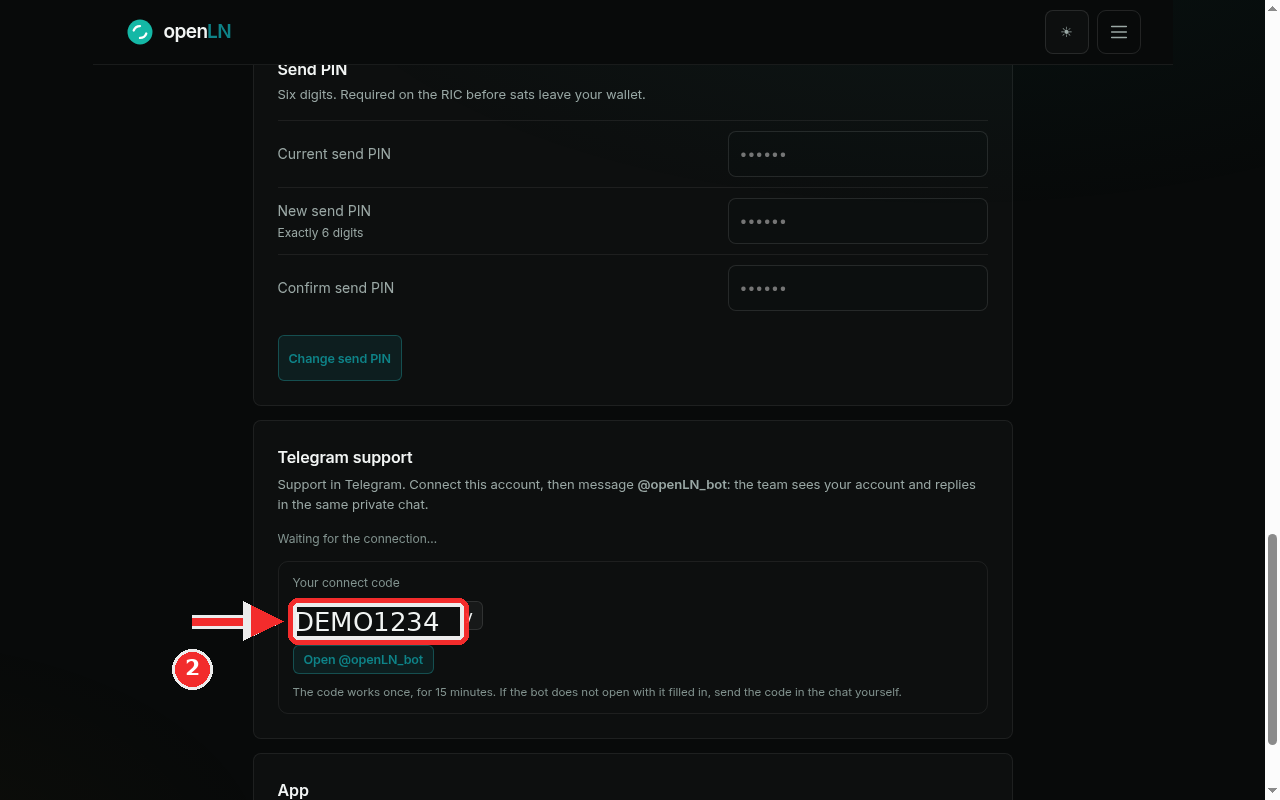 Connect code box with the one-time code, example DEMO1234, and the Open @openLN_bot button