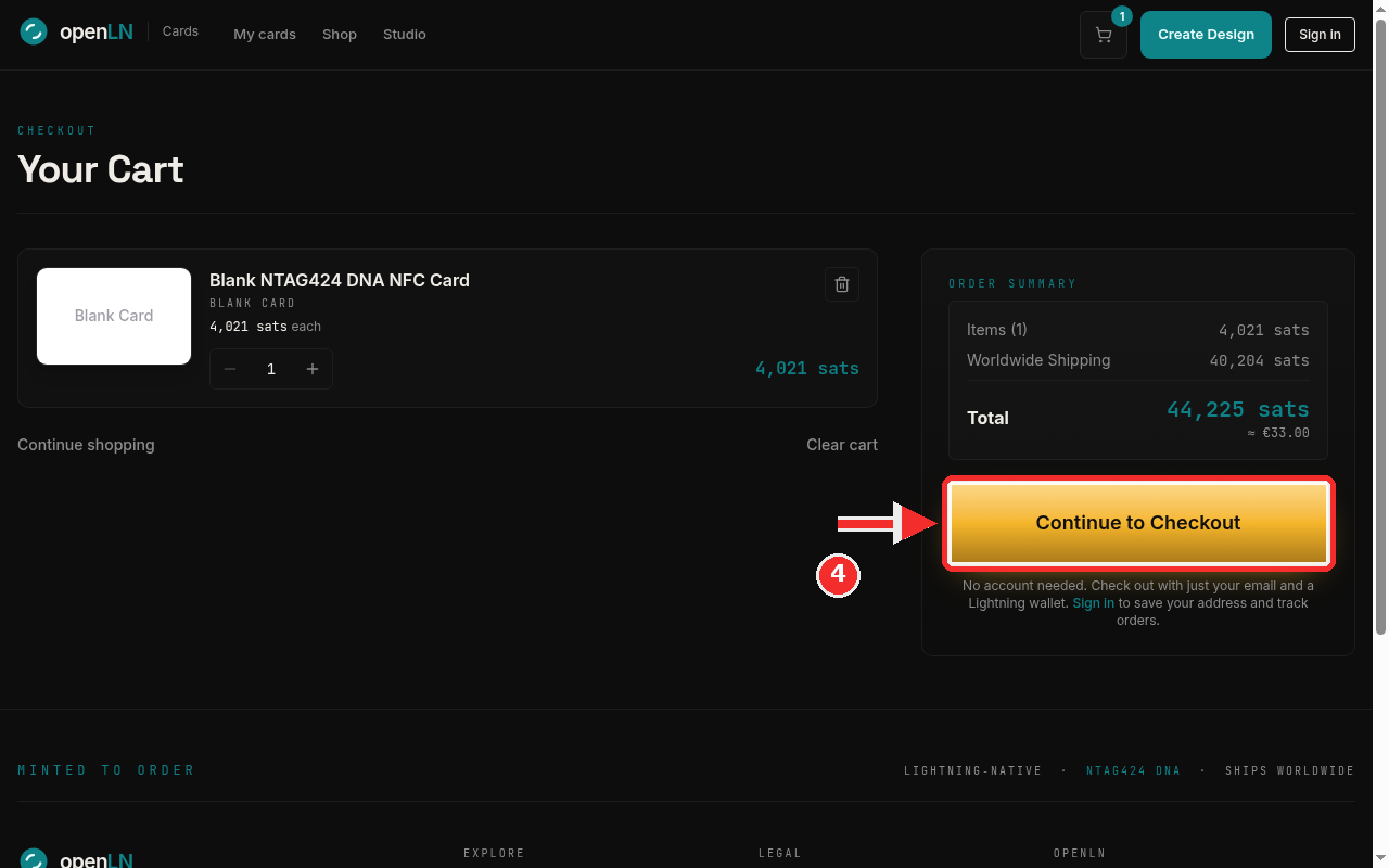 Cart with the Continue to Checkout button boxed in red