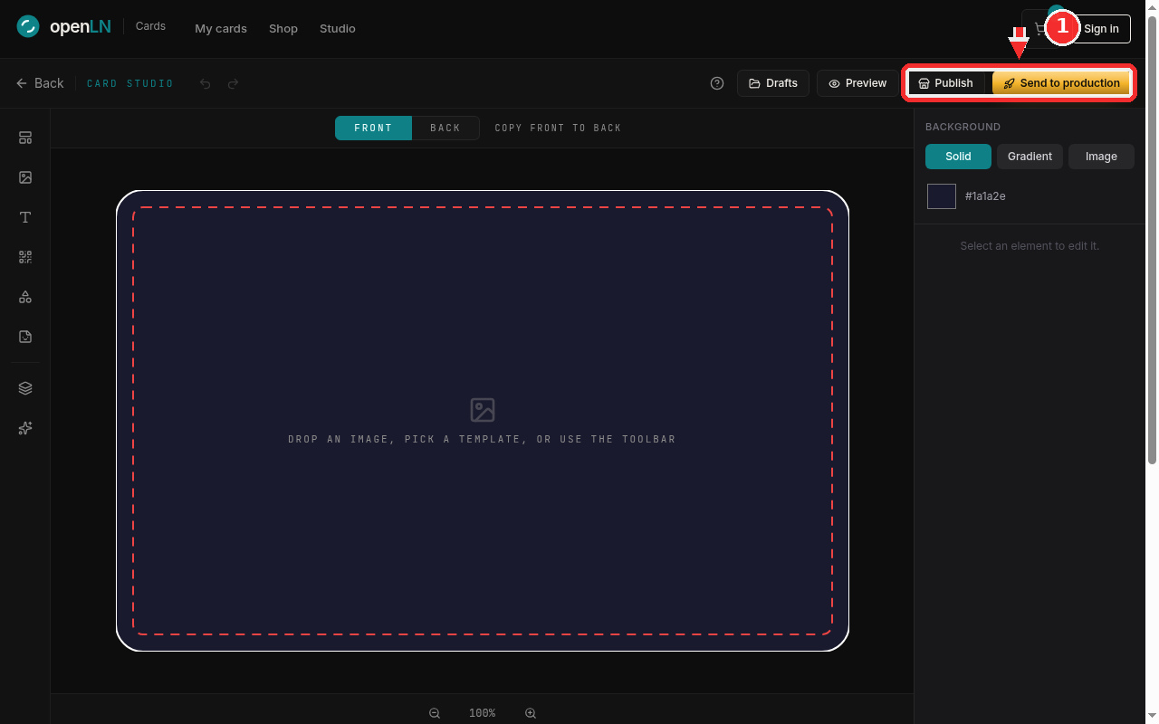 The Card Studio: Publish and Send to production boxed in red, and Sign in marked with the red arrow