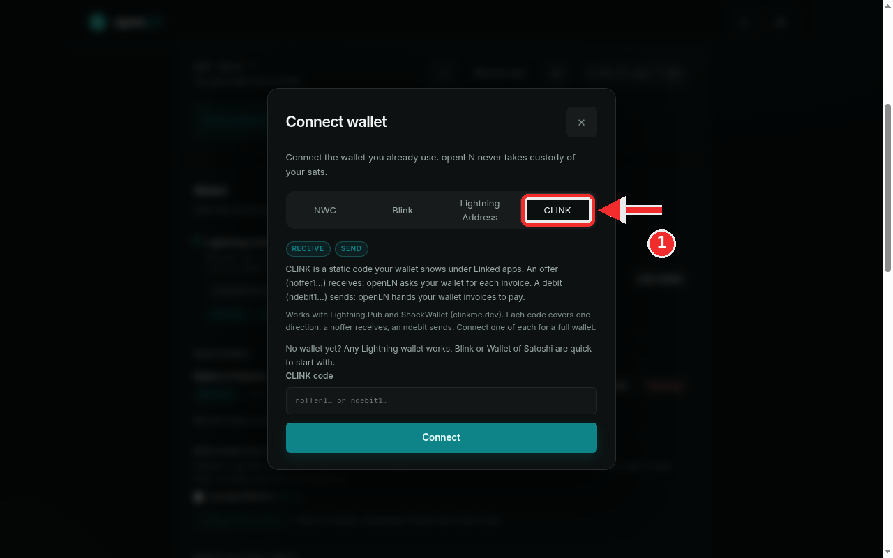 Connect wallet dialog with the CLINK tab highlighted