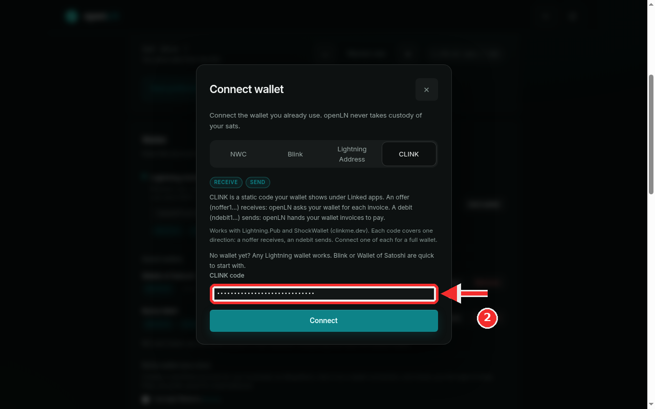 CLINK code field with a code typed in, highlighted