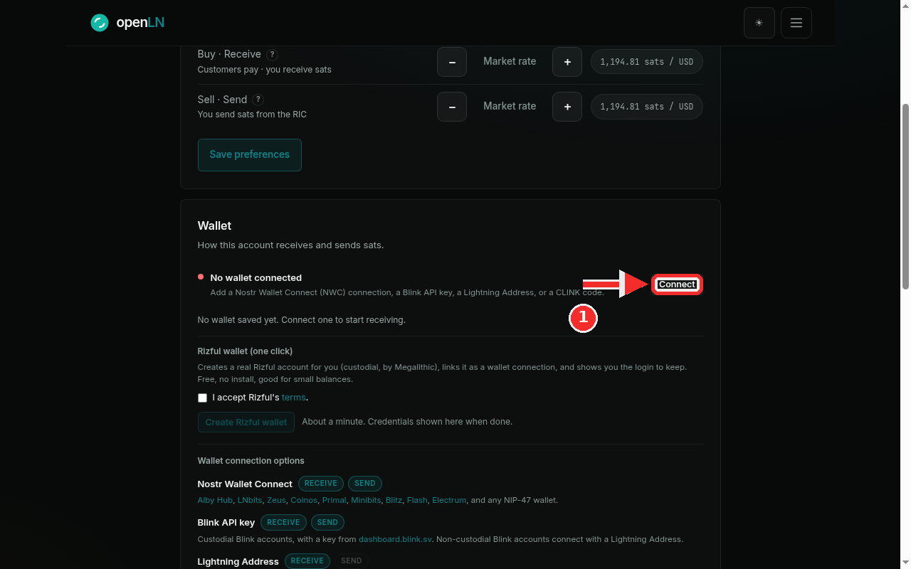 Settings Wallet card reading No wallet connected with the Connect button highlighted