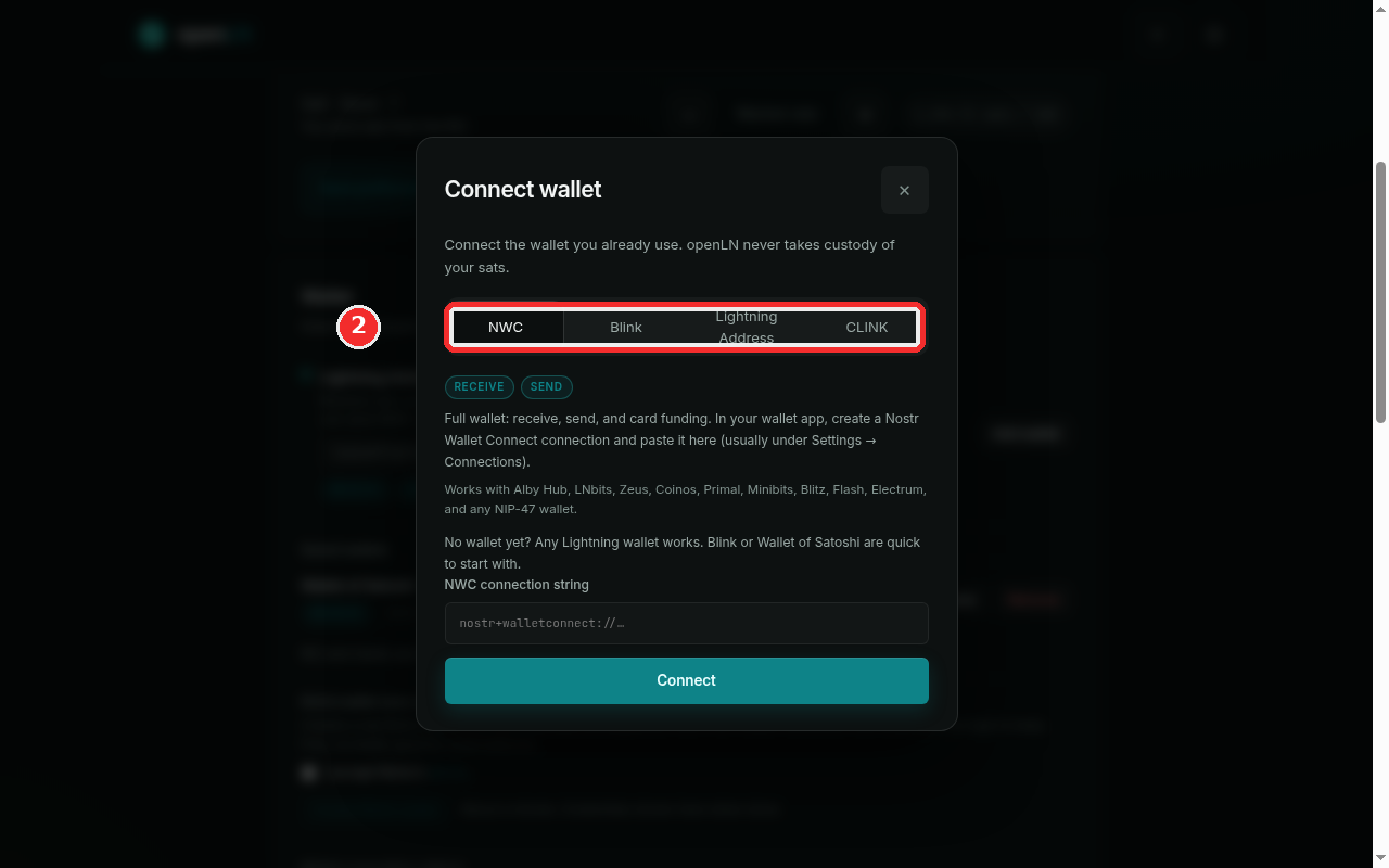 Connect wallet dialog with all four tabs highlighted