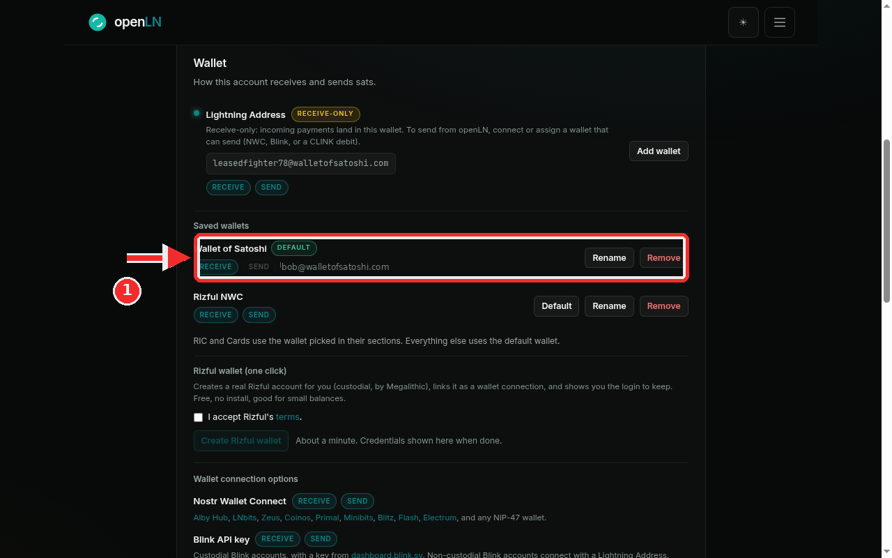 Saved wallets list with the Wallet of Satoshi row highlighted