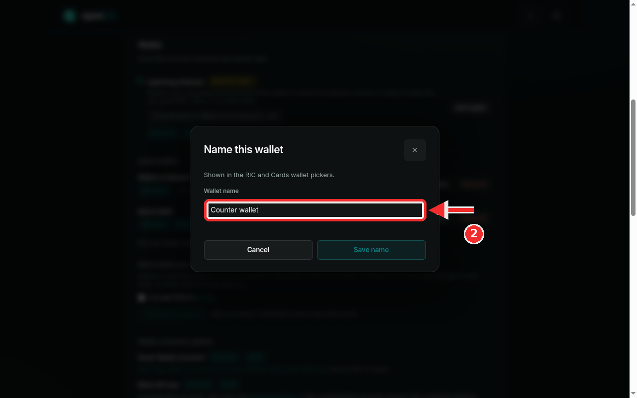 The Name this wallet dialog with Counter wallet typed in the field highlighted
