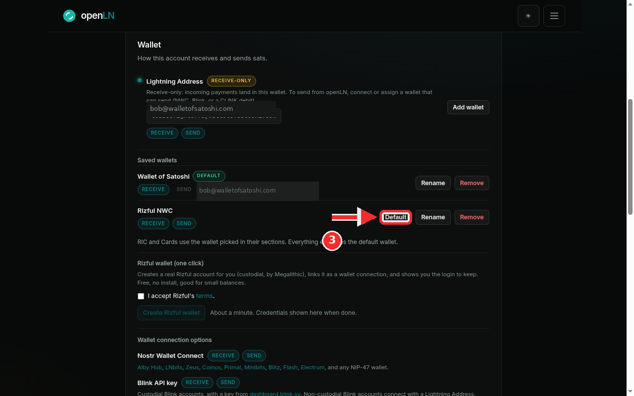 Default button highlighted on the Rizful NWC row