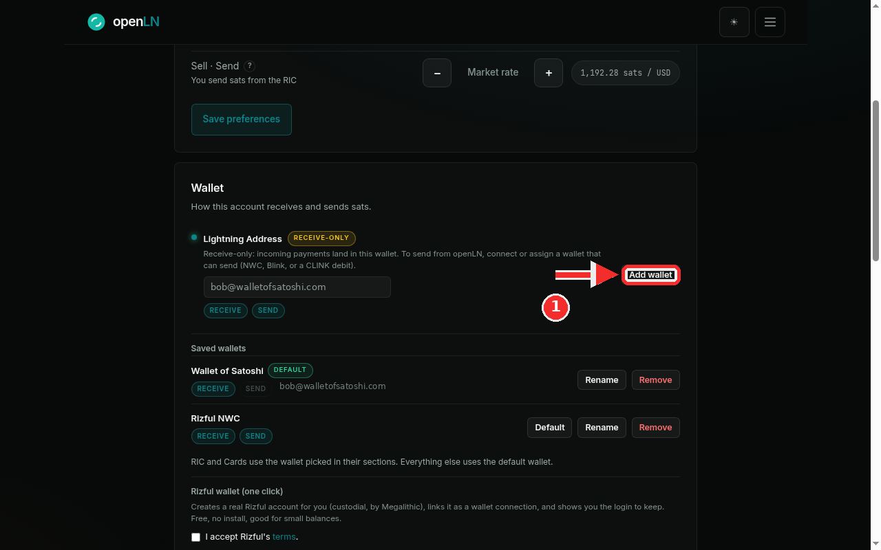 Settings Wallet card with the Add wallet button highlighted