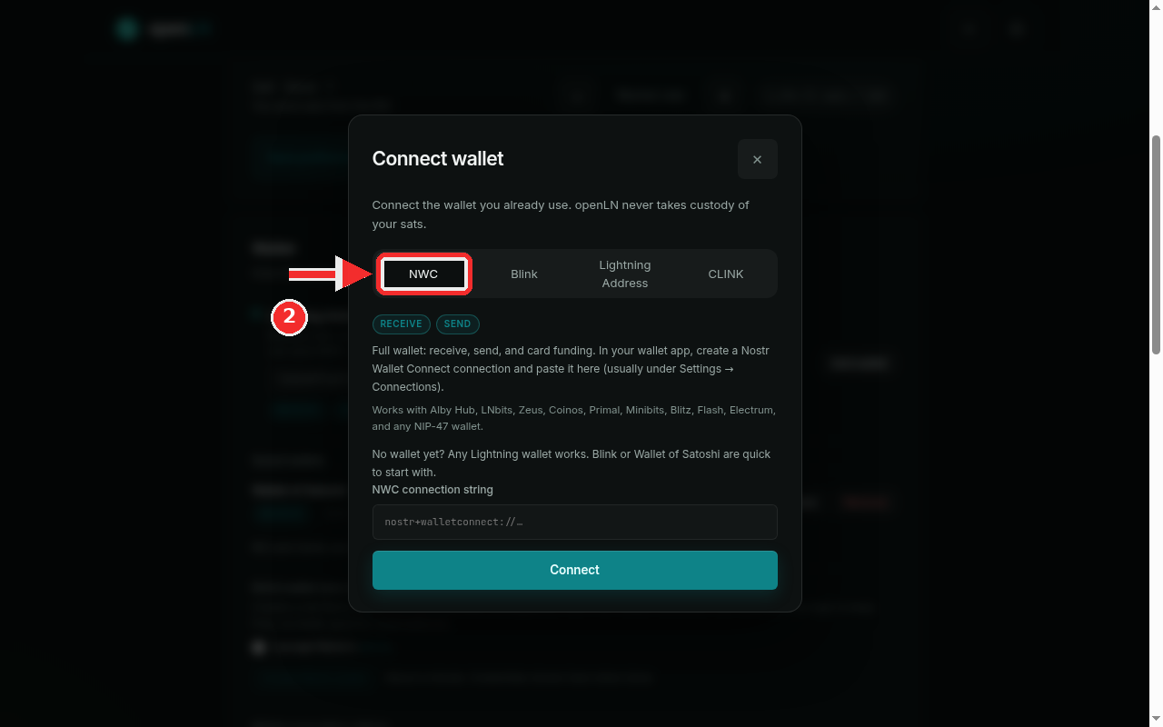 Connect wallet dialog with the NWC tab highlighted