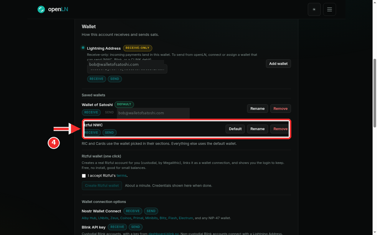 Saved wallets list with the newly added Rizful NWC row highlighted