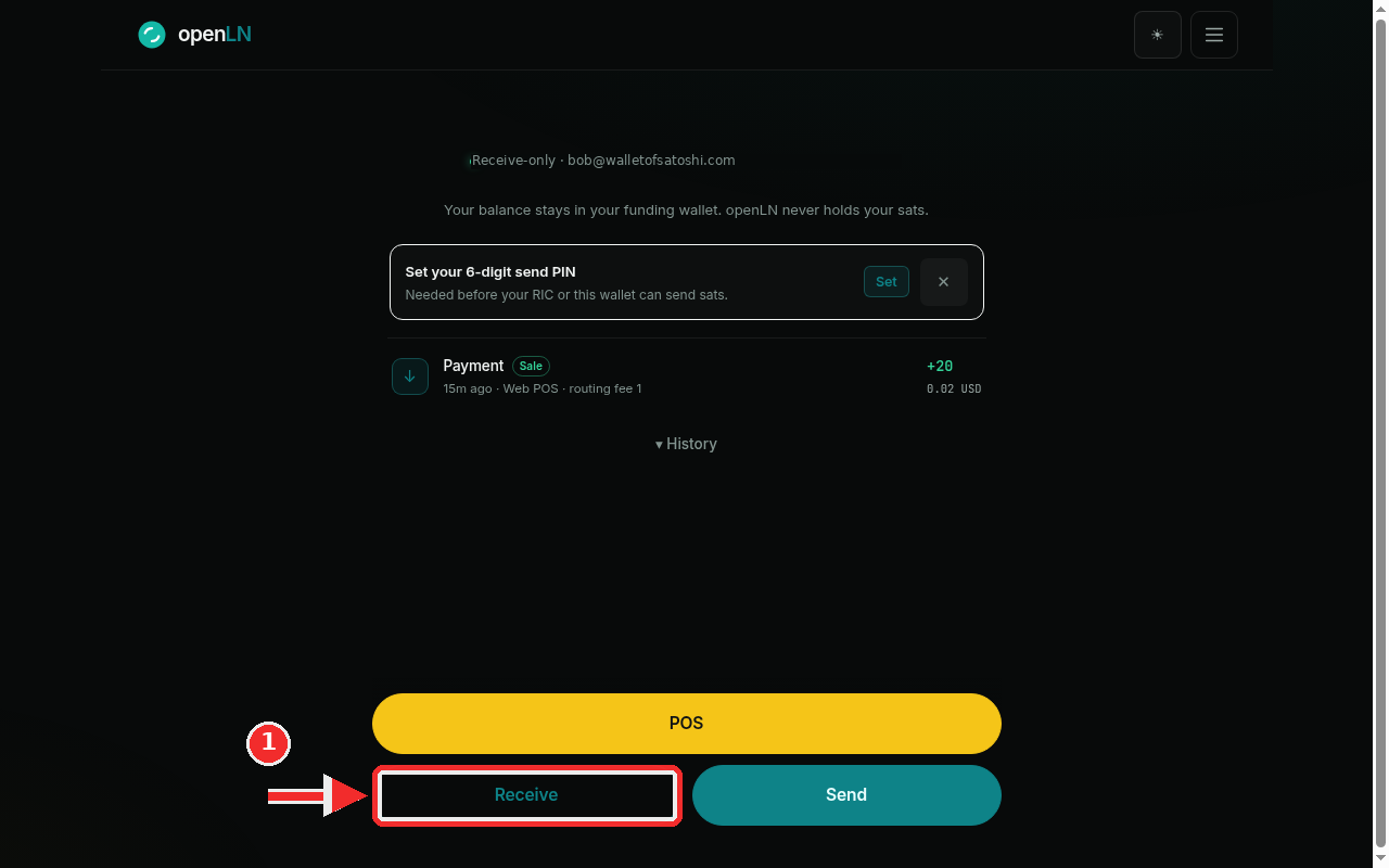 Wallet view with the big Receive button highlighted under the POS button