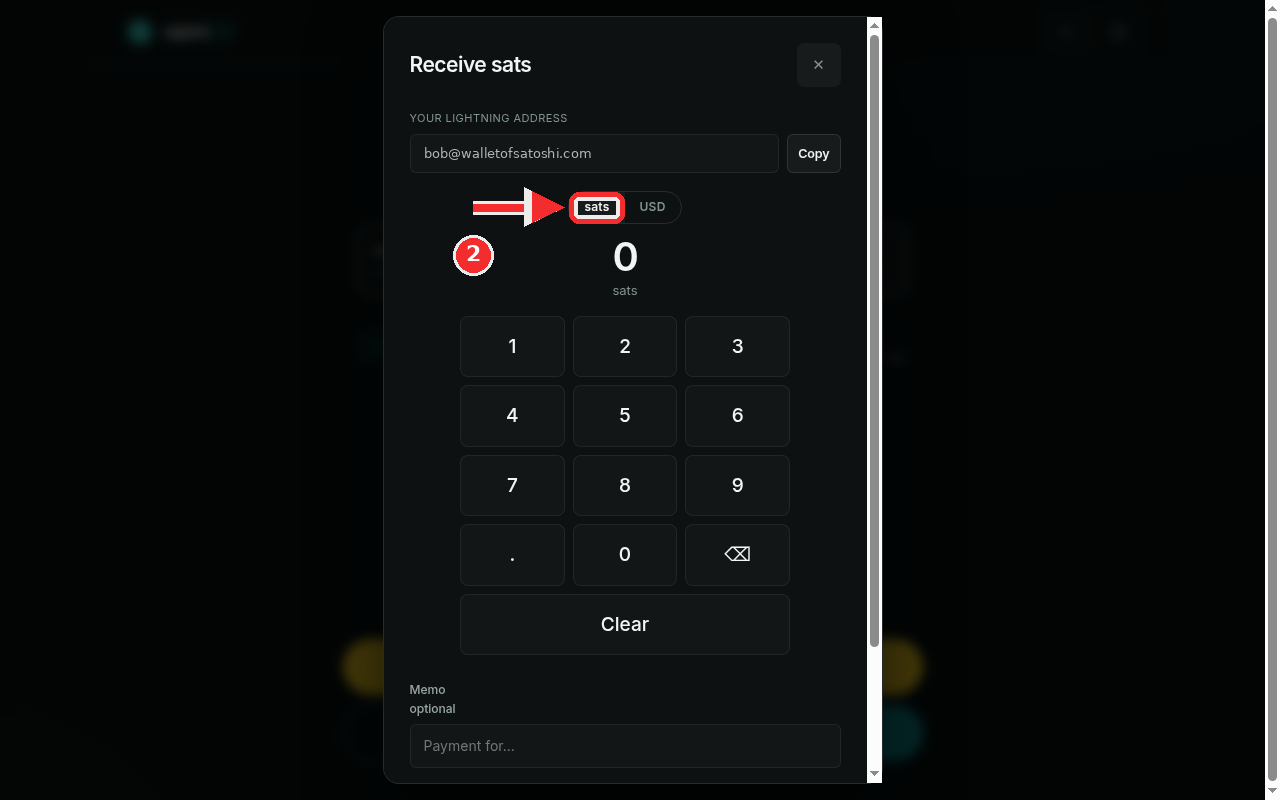 Receive sats dialog with the sats toggle highlighted, keypad and memo below