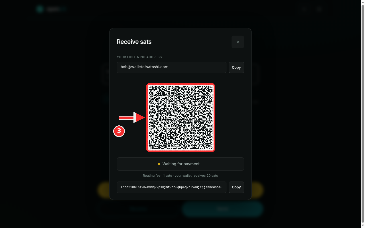 Invoice view with the QR code highlighted and the Waiting for payment status