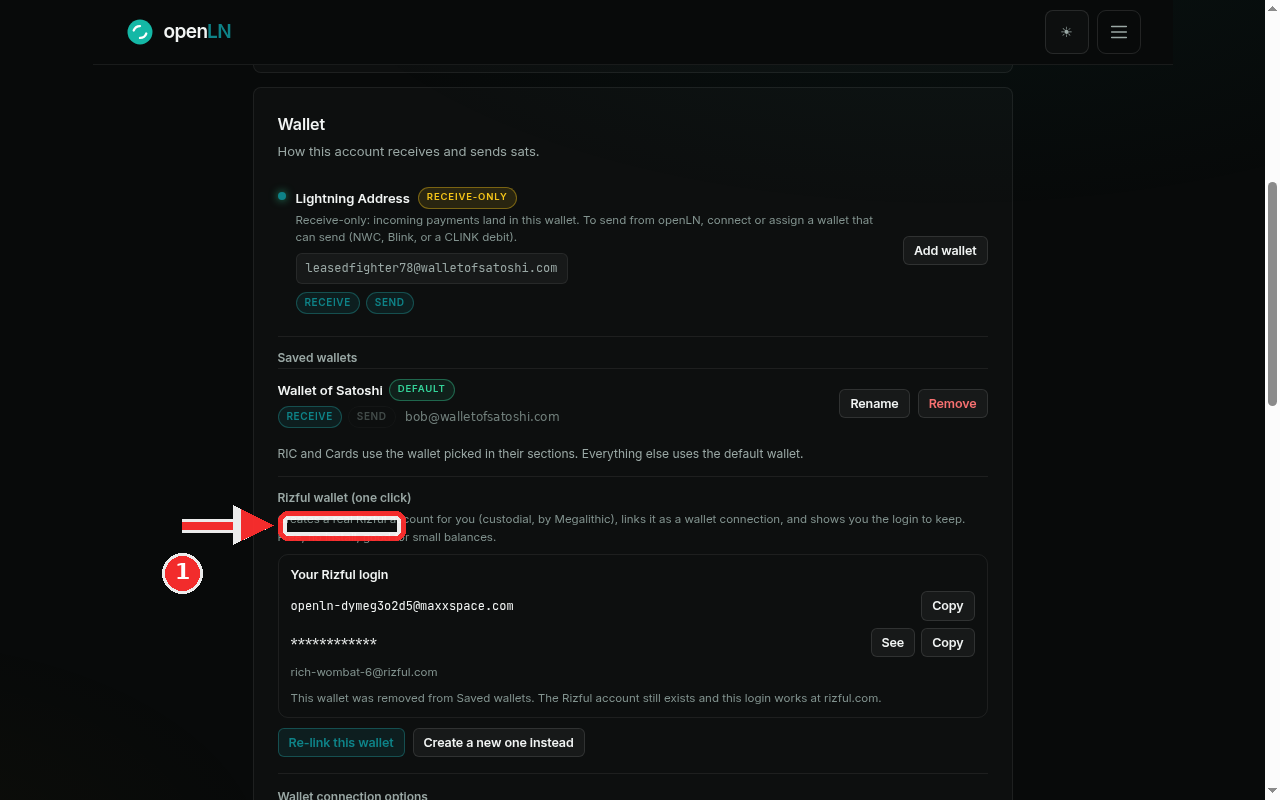 Rizful wallet card in the removed state, with the Re-link this wallet and Create a new one instead buttons