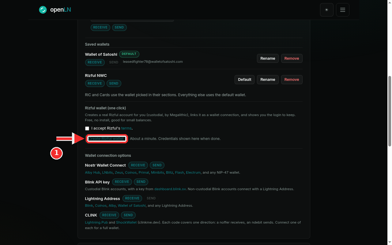 The Rizful wallet (one click) card with the Create Rizful wallet button highlighted