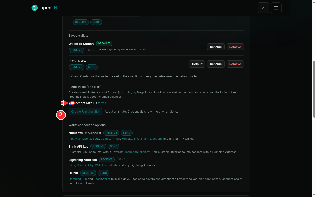 The I accept Rizful's terms checkbox highlighted, with the Create Rizful wallet button still disabled