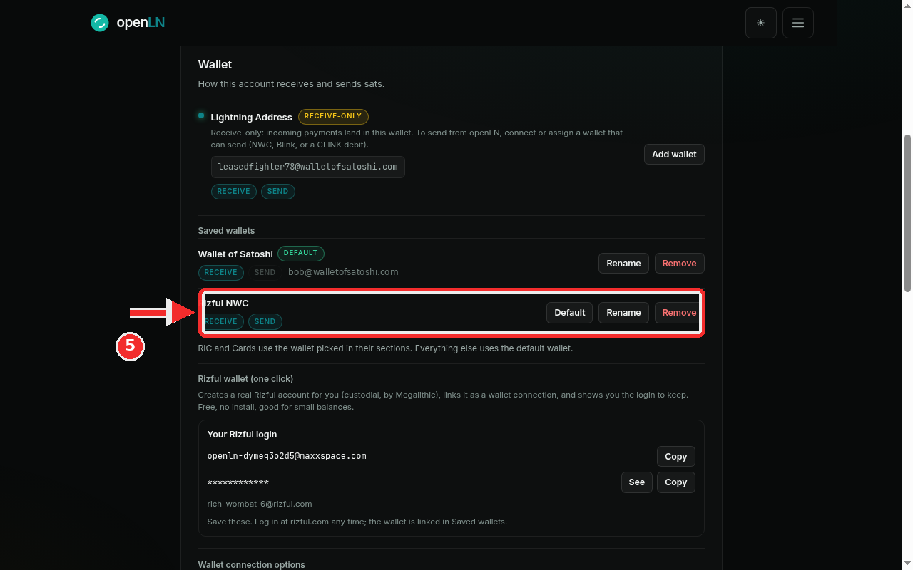 Saved wallets showing Rizful NWC tagged RECEIVE and SEND, with Default, Rename and Remove buttons highlighted