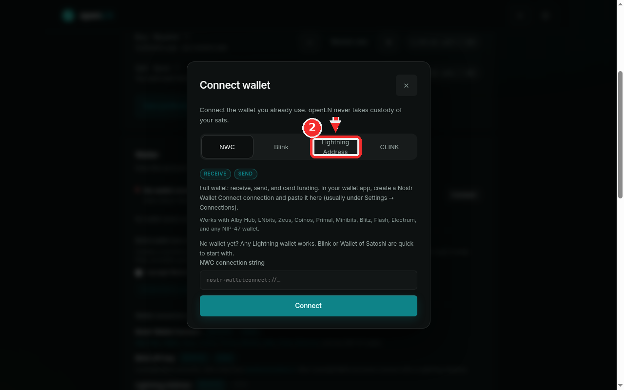 Connect wallet dialog with the Lightning Address tab highlighted
